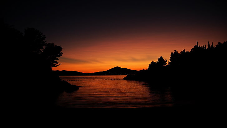 silhouette of mountain, sunset, nature, trees, water, calm, dark