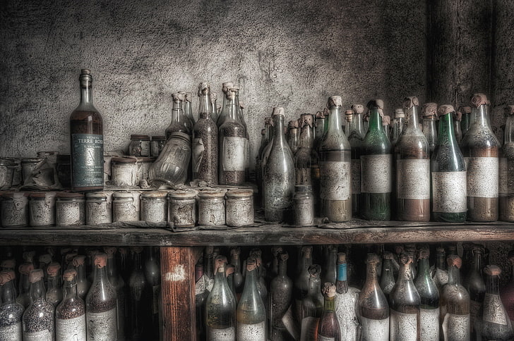old, bottles, large group of objects, shelf, arrangement, variation, HD wallpaper