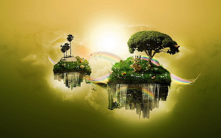 Float islands, sky, trees, grass, deer, rainbow, creative design, HD wallpaper