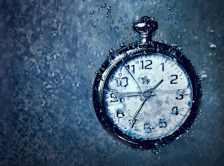 photo of pocket watch at 9 35, time, water, clock, close-up, indoors