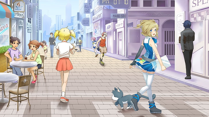Aizawa Inori, anime girls, urban, cat, street, city, miniskirt