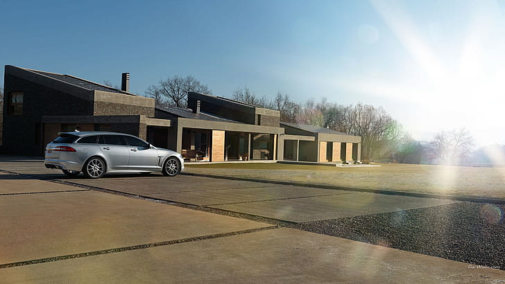 Jaguar XF, silver cars, house, vehicle