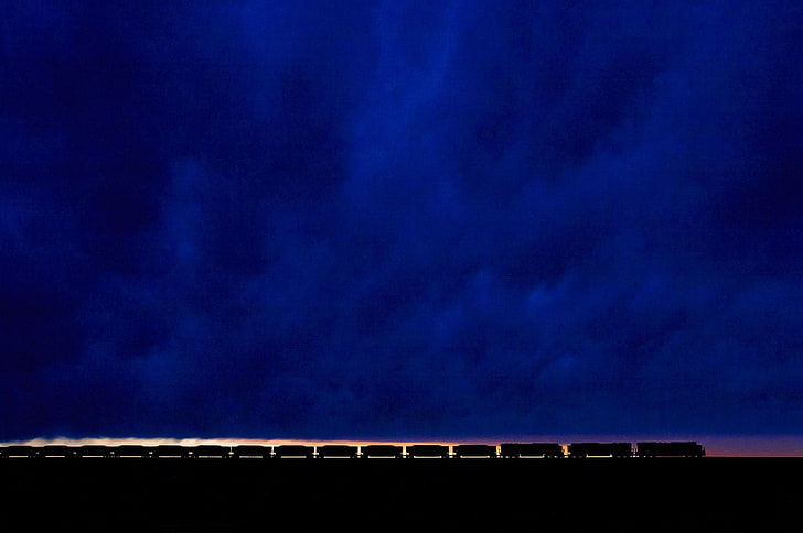 minimalism, blue background, clouds, railway, train, silhouette, HD wallpaper