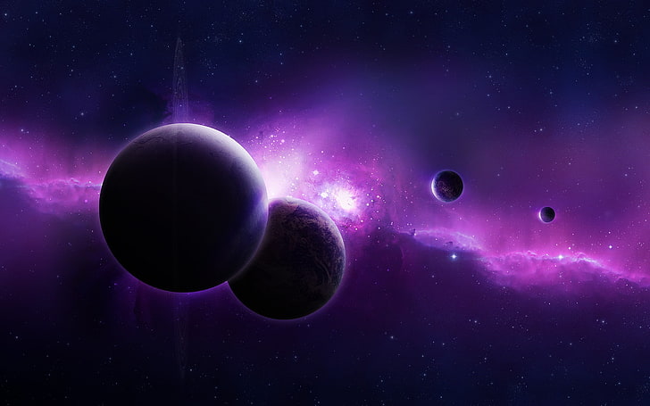 four planets wallpaper, space, galaxy, Moon, stars, purple, space art