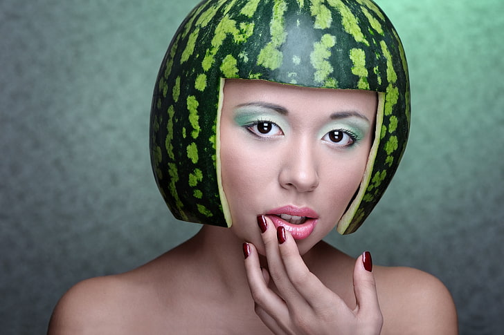 women, model, makeup, melons, funny hats, headshot, portrait, HD wallpaper