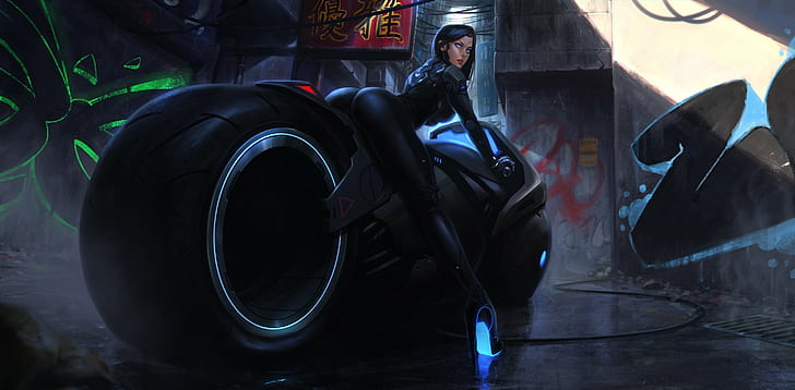 Girl, Ass, Bent Over, Motorcycle, Black Clothing, Dark Hair, Cyberpunk, HD wallpaper