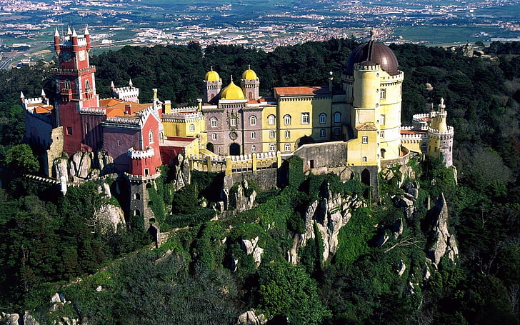 yellow castle, portugal, lisbon, hill, palace, nature, architecture