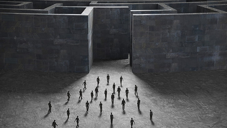 group of people entering a maze digital art, monochrome, surreal