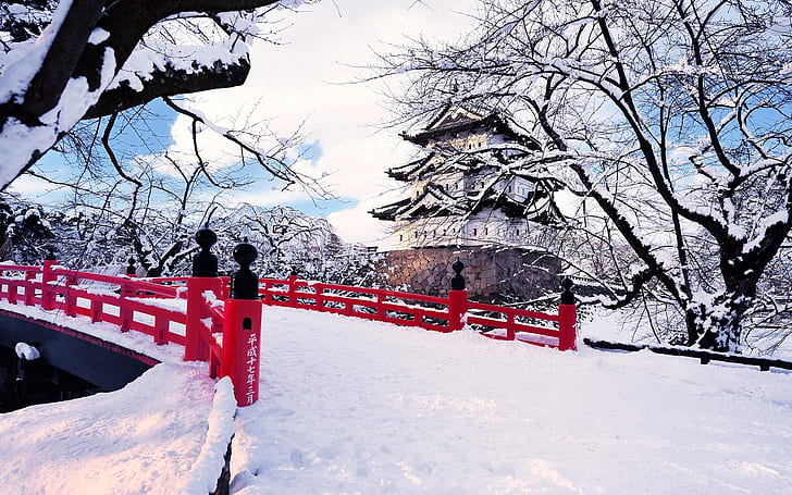 Japan, Aomori Prefecture, Hirosaki, winter snow, bridge, castel, ice trees, HD wallpaper