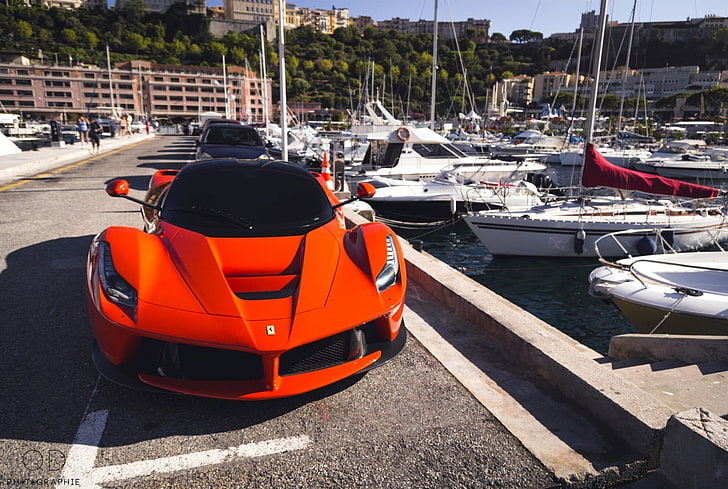red Ferrari sport coupe, car, boat, Ferrari LaFerrari, transportation