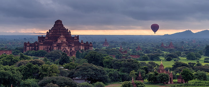 brown hot air balloon, Burma, hot air balloons, Bagan, architecture