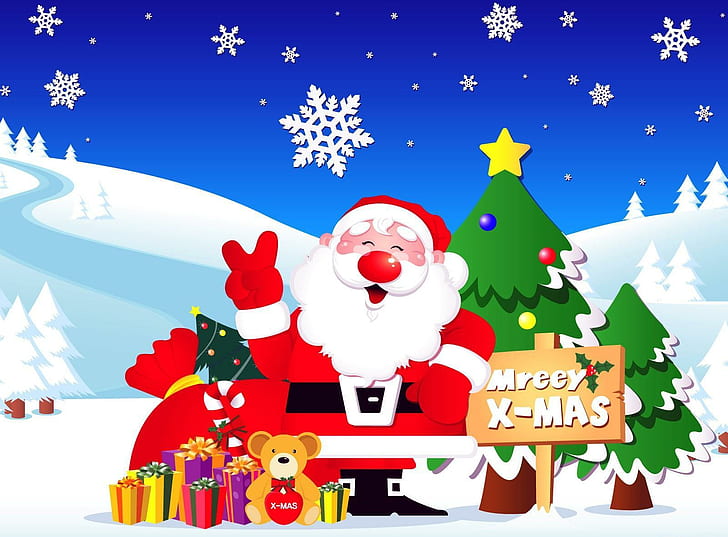 HD wallpaper: santa claus, gifts, christmas trees, snowflakes, road |  Wallpaper Flare