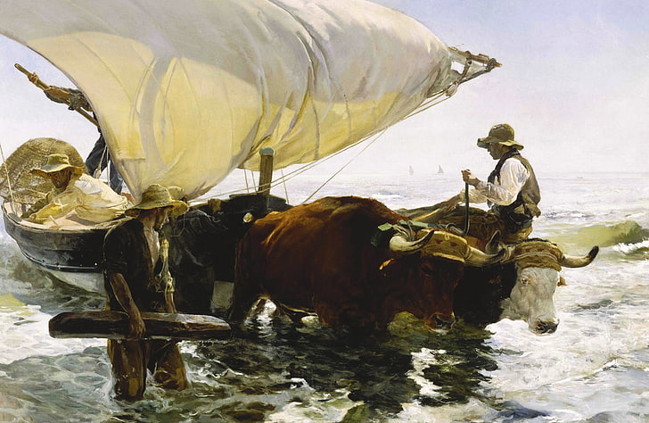 boat, picture, sail, seascape, genre, Joaquin Sorolla, Return from Fishing, HD wallpaper