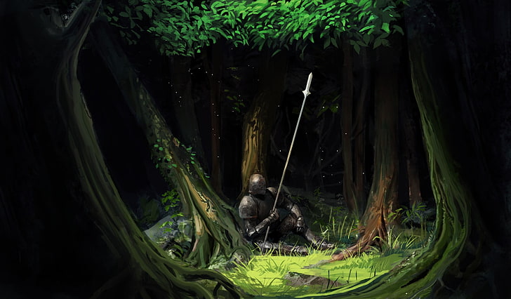 knight armour wallpaper, artwork, fantasy art, trees, forest, HD wallpaper
