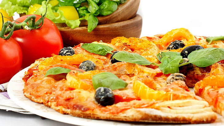 pizza, food, tomatoes, olives, vegetables, HD wallpaper