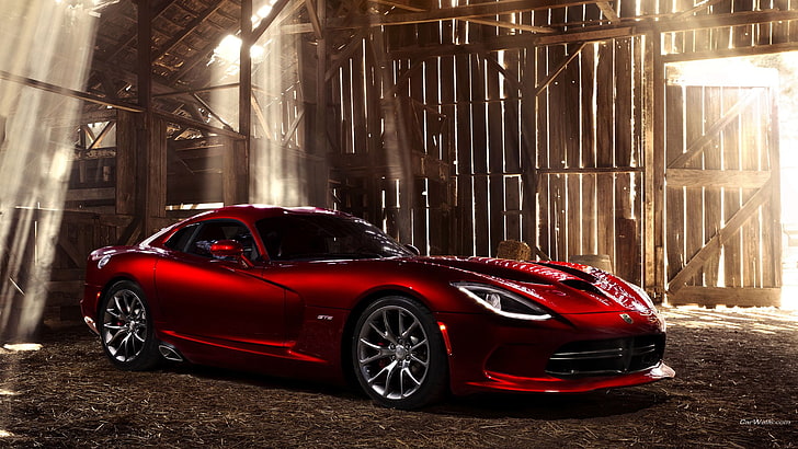 red coupe, Dodge Viper, red cars, vehicle, barn, mode of transportation