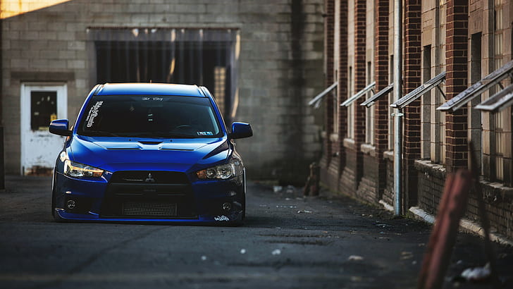 car, Mitsubishi Lancer Evo X, blue cars, HD wallpaper