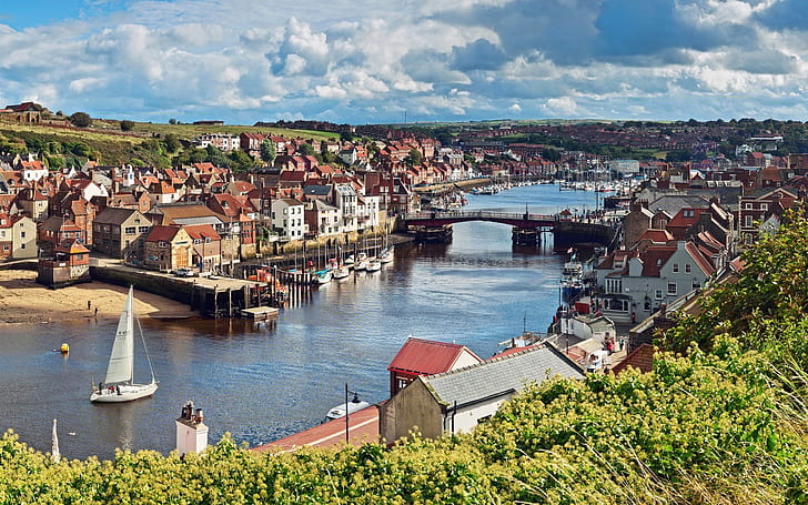 North Yorkshire, England, city, river, bridge, houses, boats