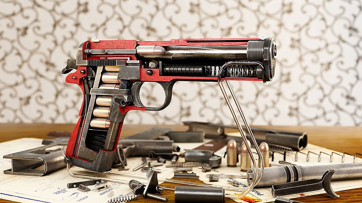 red and gray semi-automatic pistol, M1911, weapon, gun, munition