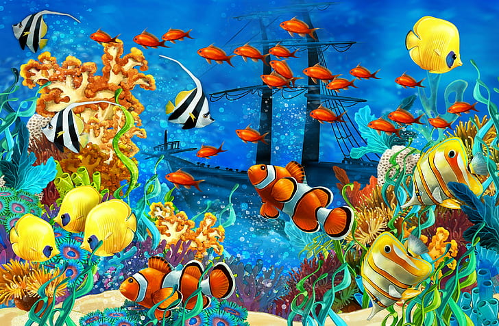Corals, fish, ocean, sea, Seabed, Shipwreck, tropical, underwater, HD wallpaper