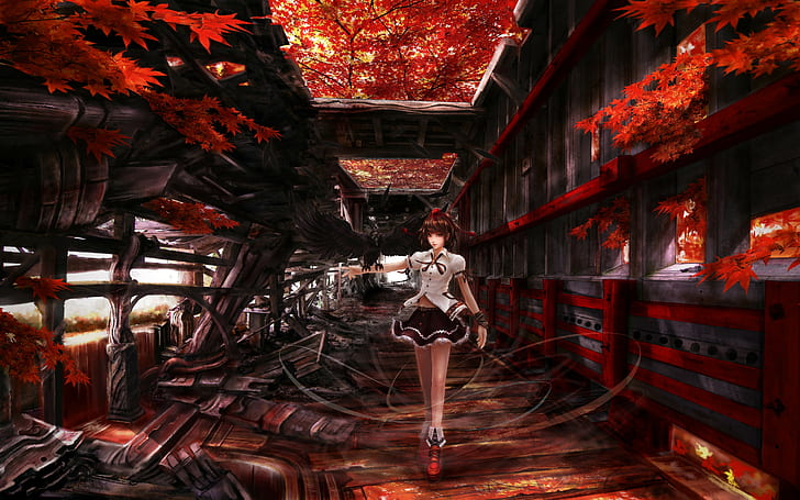 anime girls, Touhou, Shameimaru Aya, fall, trees, HD wallpaper