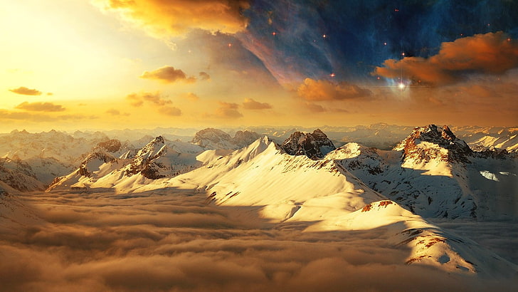 mountains, clouds, sunset, stars, sky, digital art, cloud - sky, HD wallpaper