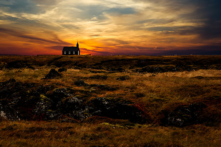 silhouette photo of cathedral during sunset, church, budir, iceland, HD wallpaper
