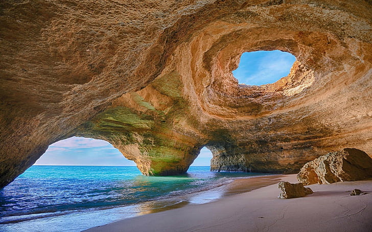 sand, sea, rock, landscape, Algarve (Portugal), erosion, water, HD wallpaper