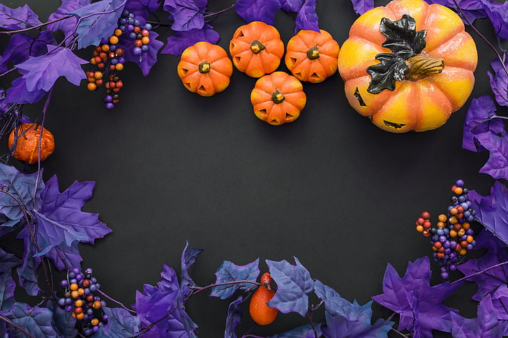 Happy Halloween!, autumn, purple, orange, pumpkin, black, card, HD wallpaper