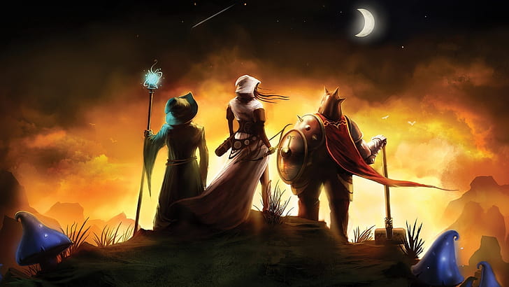 Trine Wizard Warrior HD, wizard knight and archer illustration