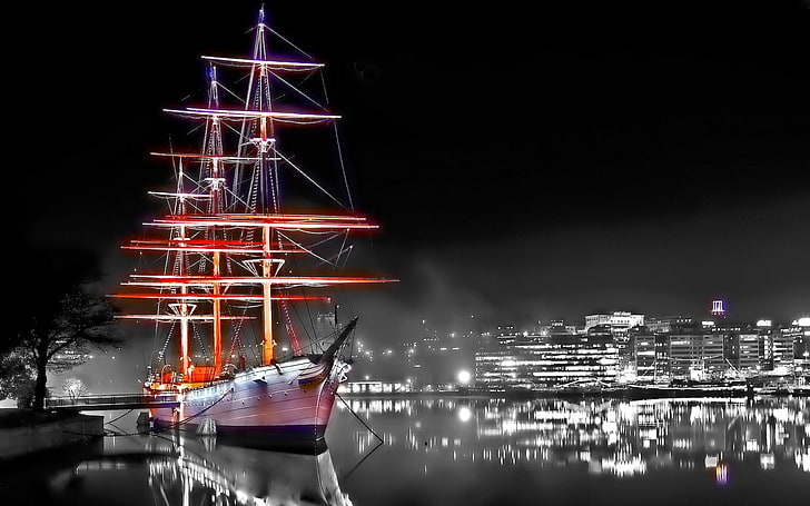 selective color of sail boat, ship, digital art, selective coloring