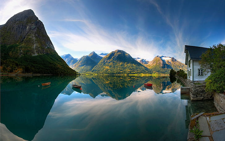 landscape, photography, mountains, house, lake, sky, reflection, HD wallpaper