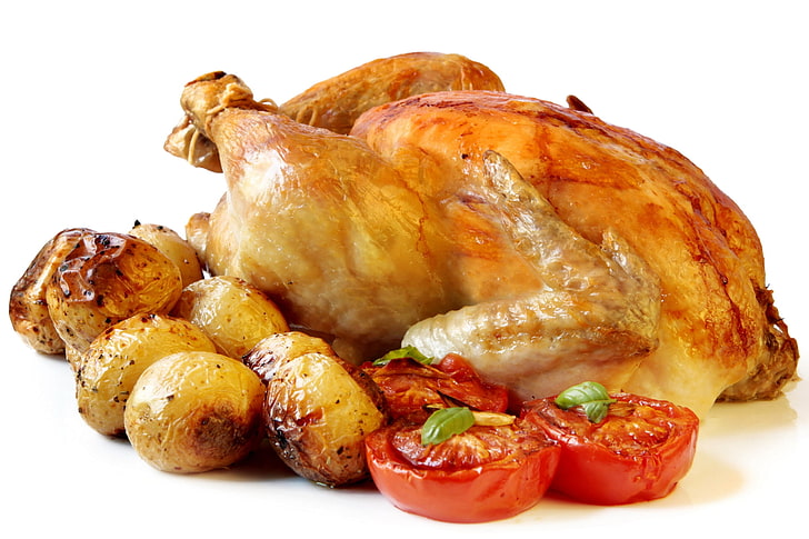 roast chicken with potatoes, grilled, vegetables, food, meat, HD wallpaper