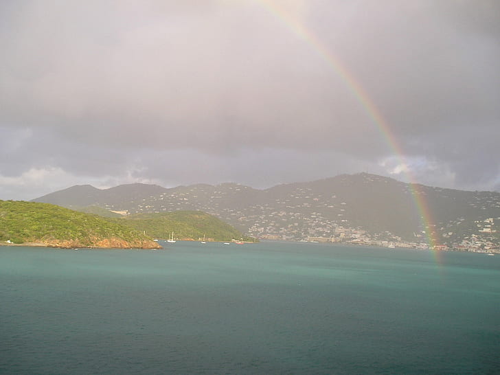 Rainbow Over St. Thomas, boats, gray, harbor, landscape, ocean, HD wallpaper