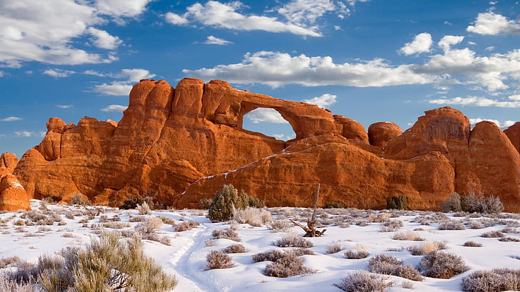 rock, Arches National Park, Utah, rock formation, winter, snow, HD wallpaper