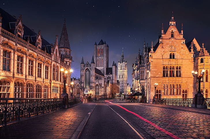 architecture, Gent, Belgium, street light, city, night, building
