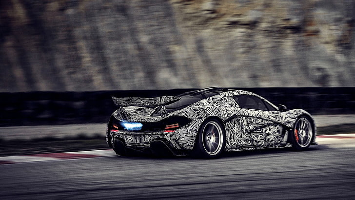black and white Mclaren coupe, race cars, camouflage, McLaren P1