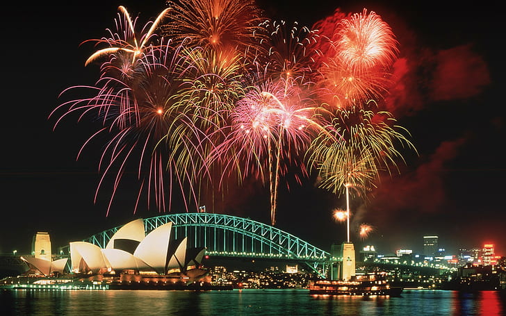 fireworks, bridge, Australia, Sydney, night, Sydney Opera House