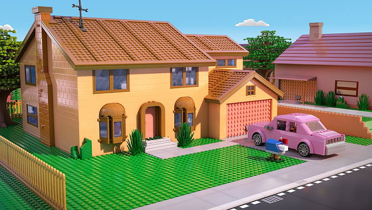 beige and brown concrete house 3D illustration, LEGO, The Simpsons