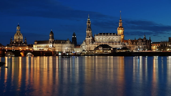 architecture, old building, lights, evening, city, Dresden
