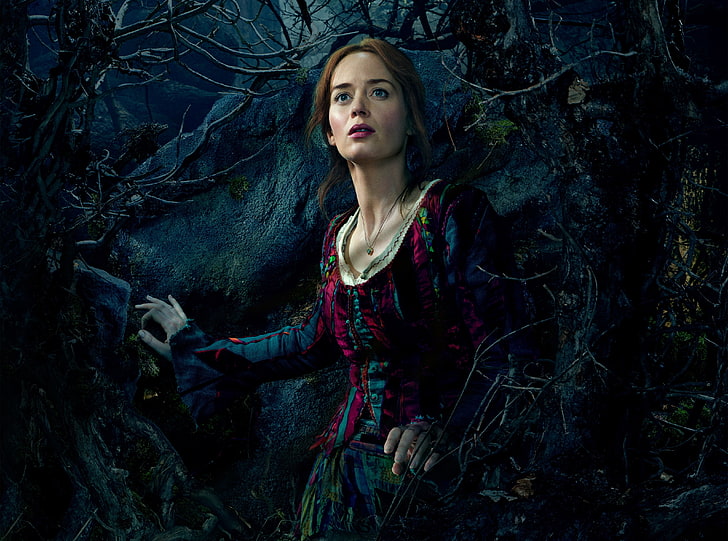 Into the Woods Emily Blunt as The..., women's black and red floral scoop-neck long-sleeved dress, HD wallpaper