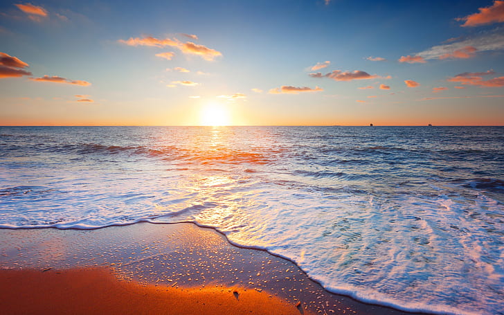 Beautiful sunset scenery, sea, sky, clouds, beach, waves, HD wallpaper