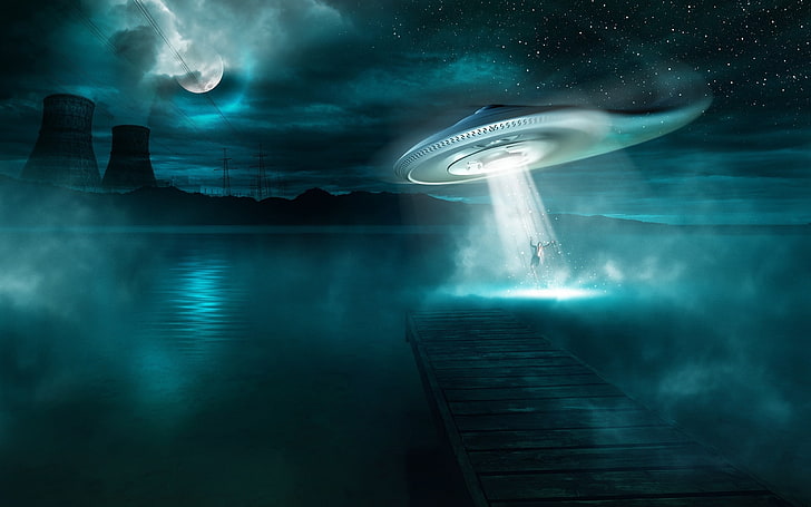 UFO digital wallpaper, Moon, water, night, spaceship, aliens, HD wallpaper