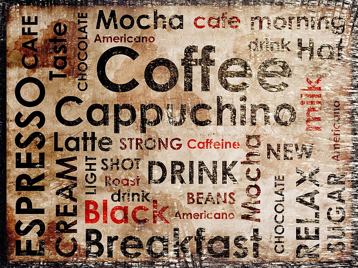 Coffee poster wall decor, labels, espresso, drink hot, cappuchino