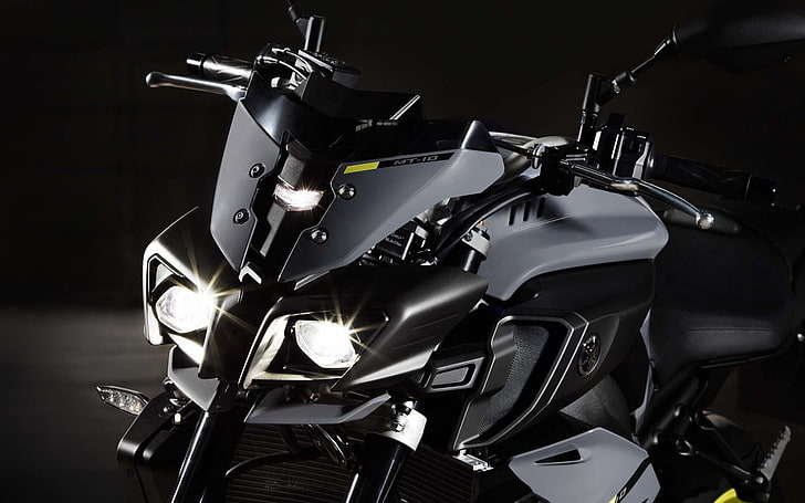 Yamaha MT-10, black and gray sportbike, Motorcycles, 2015, black background