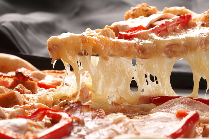 cheese pizza, piece, tomatoes, paprika, food, gourmet, slice, HD wallpaper