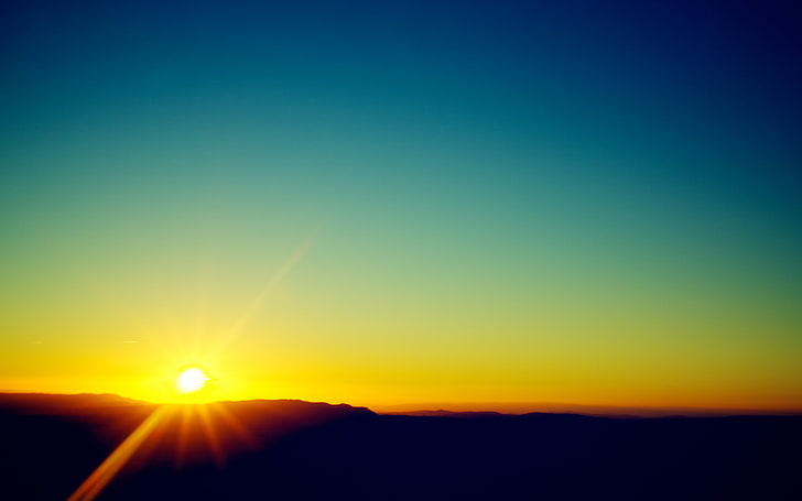 yellow sun, sunset, sky, landscape, nature, clear sky, lens flare, HD wallpaper