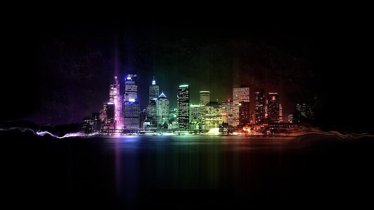 high-rise buildings, cityscape, night, colorful, digital art