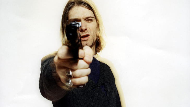 Kurt Cobain, Celebrities, Singer, Star, Gun, Man, Long Hair, Photography, Simple Background