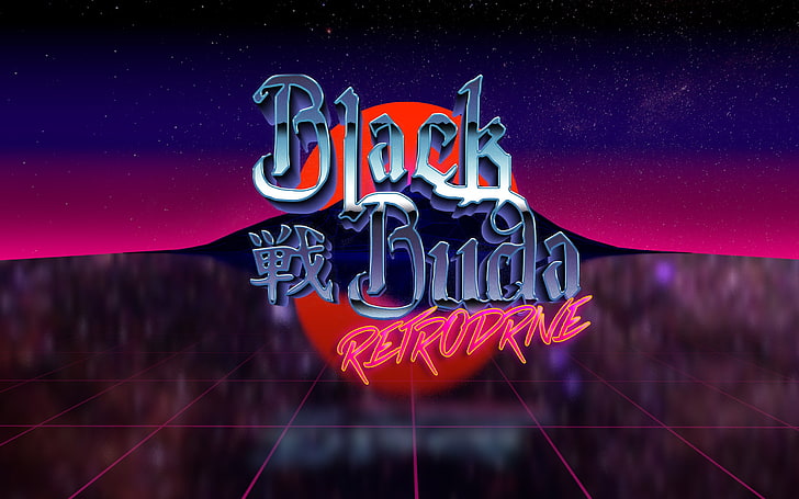 Black Buda logo, 1980s, Retro style, New Retro Wave, neon text, HD wallpaper